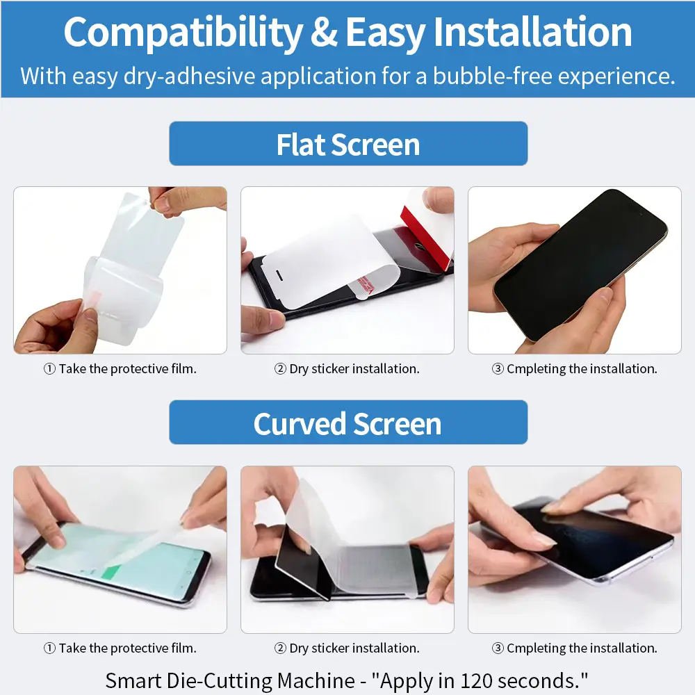 Bubble free installation dry adhesive flat curved screens smart die cutting machine apply in 120 seconds