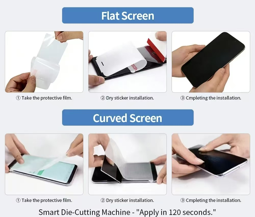 Three step installation for flat and curved screens dry adhesive bubble free finish