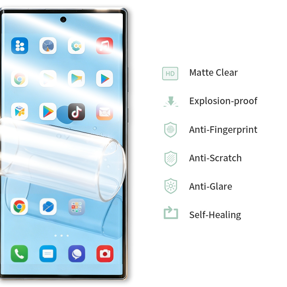 Smartphone next to function icons anti scratch self healing anti fingerprint HD clarity