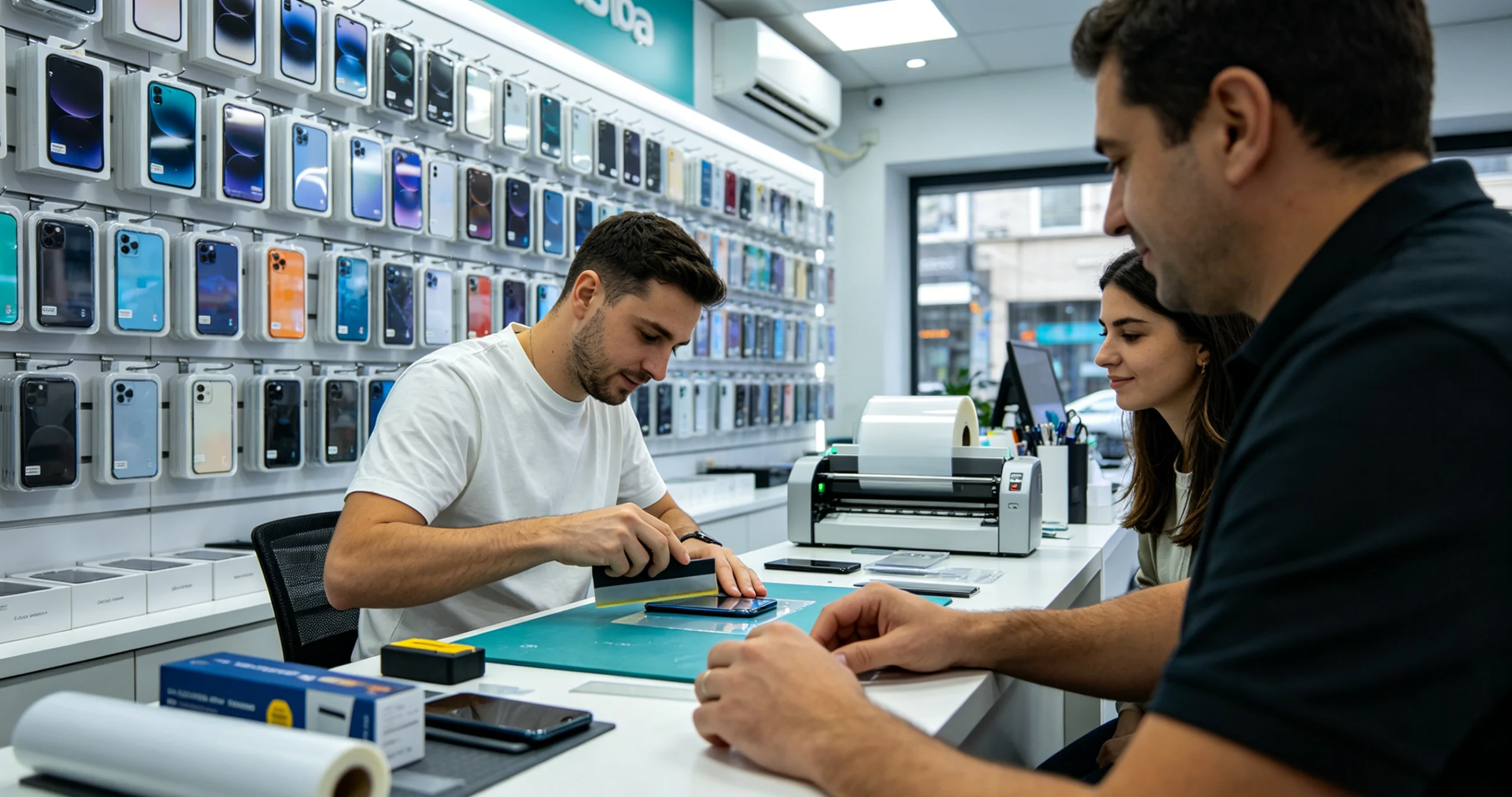 Mobile screen protector cutting machine with sheets in repair retail shop