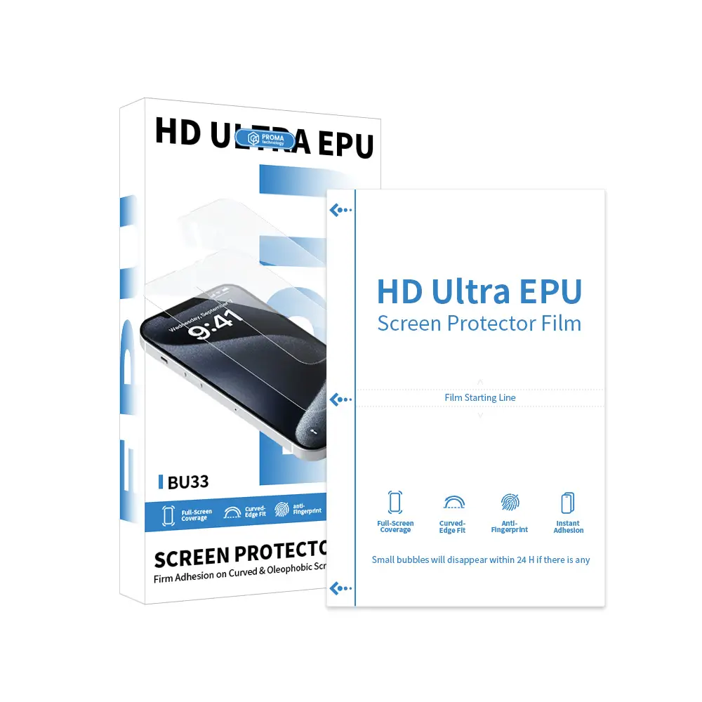 EPU phone screen protector sheet HD ultra full screen coverage curved edge fit anti fingerprint instant adhesion bubbles disappear 24h