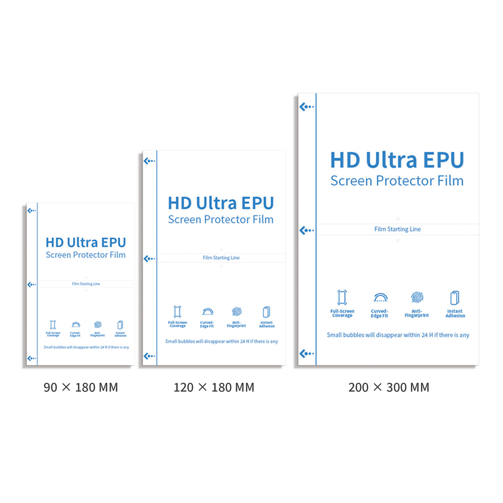 EPU phone screen protector sheet three packaging dimensions for different models