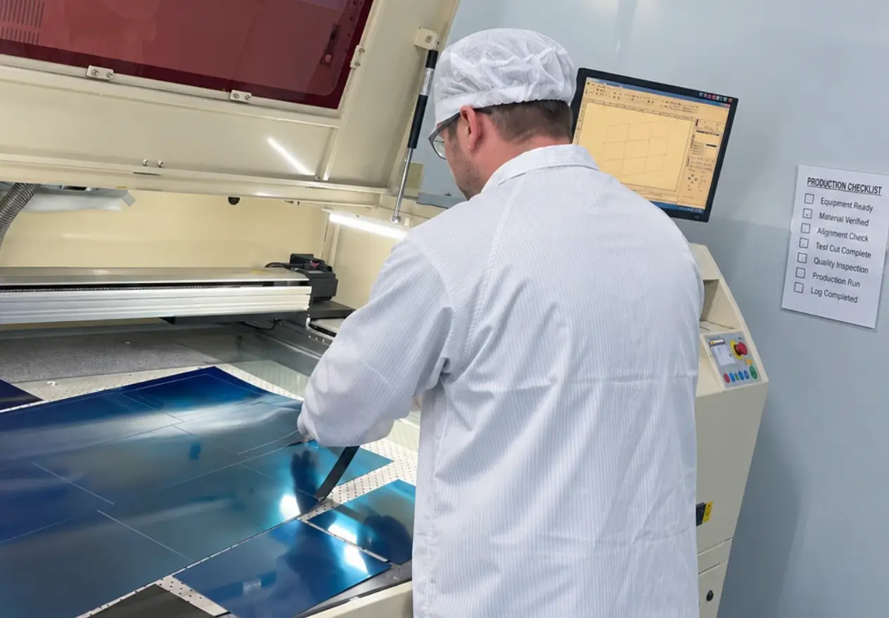 Screen protector OEM product development scene showing universal sheets, smartphones, tablets, laptop, packaging samples and specification documents