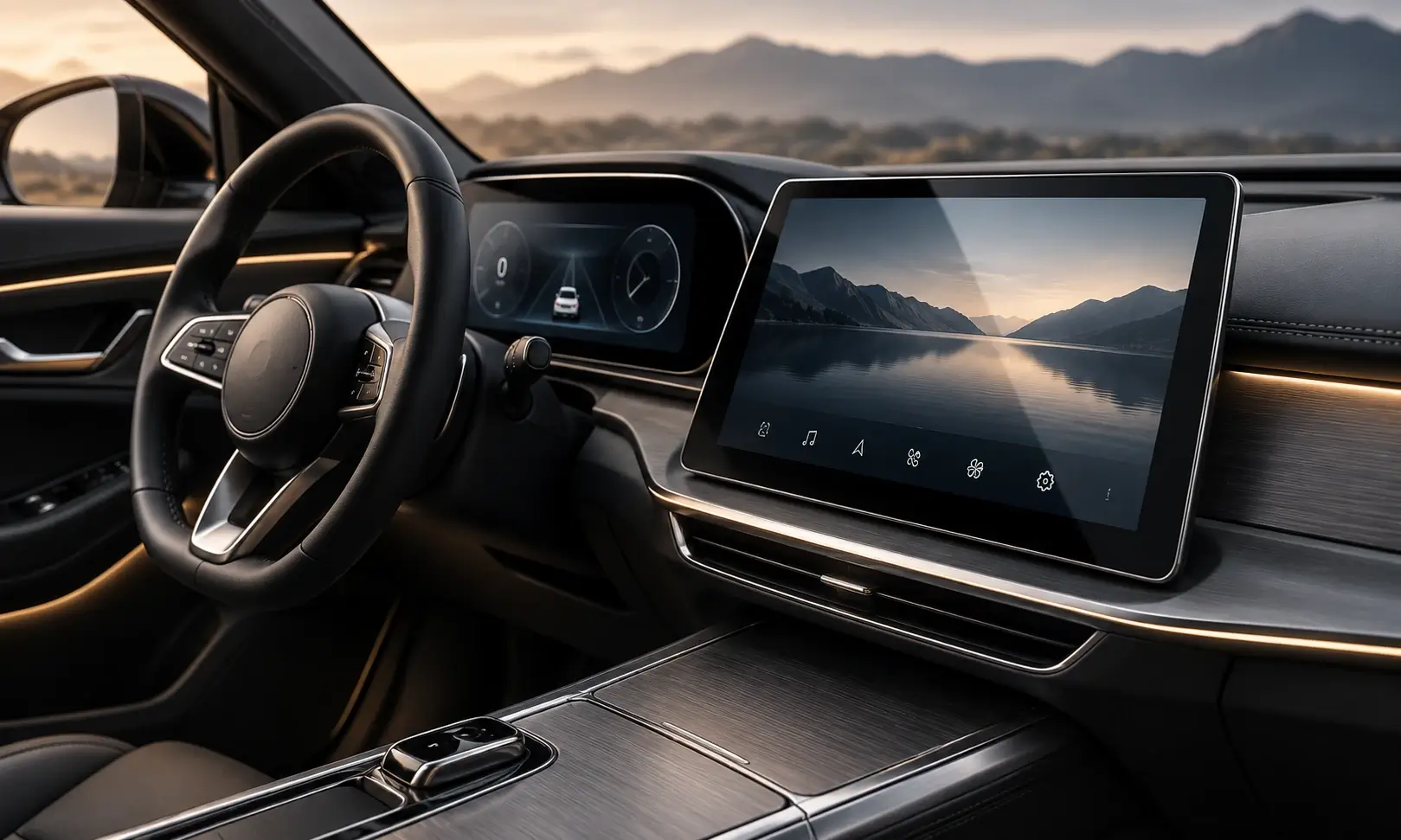 Automotive display protection showing premium car infotainment display and instrument cluster