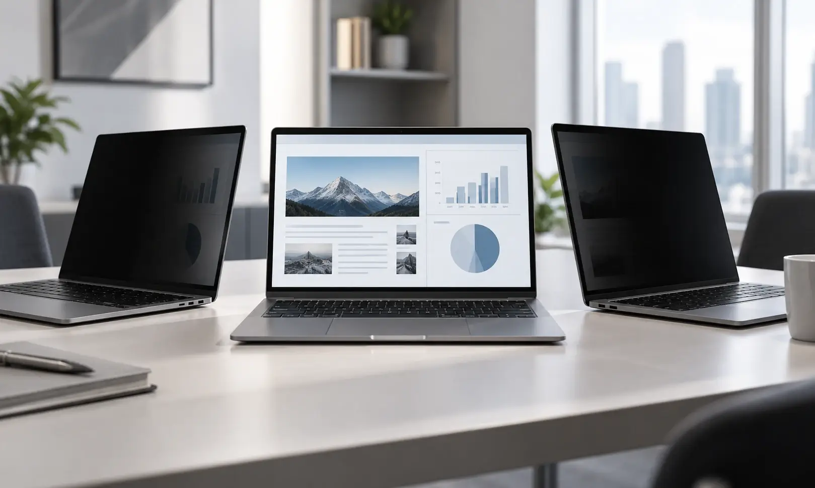 Privacy screen protection on laptop showing clear front view and darkened side angle
